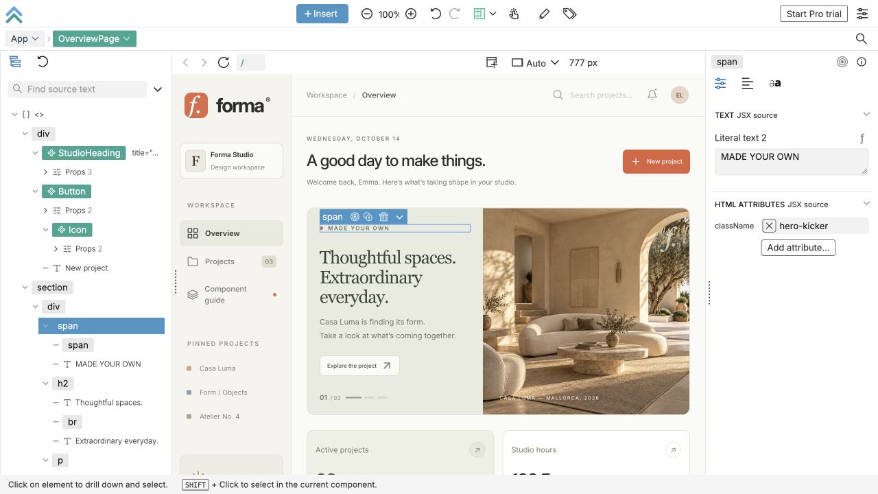The Forma Studio demo open in Piny